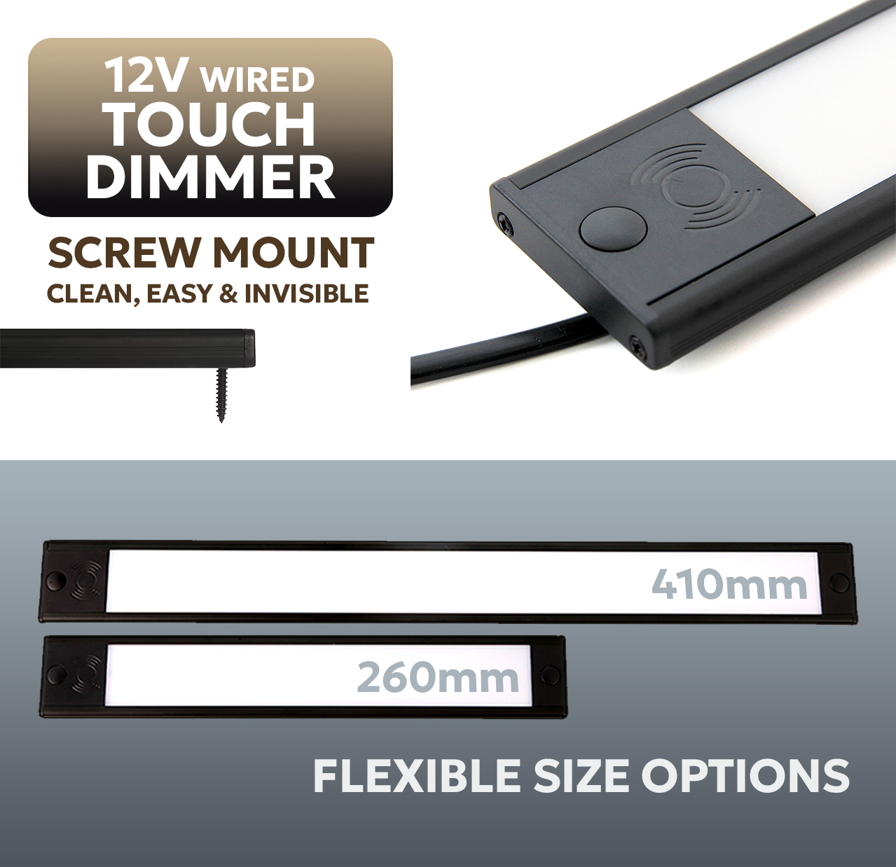 Flat Interior Light - 12V Touch Dimmer Dual Color - 260mm 410mm Models Available